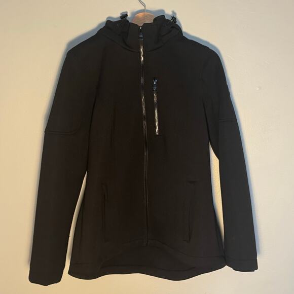 Women's L Andrew Marc Detachable Hooded Black Coat Zip-Up Scuba Jacket - Picture 1 of 7